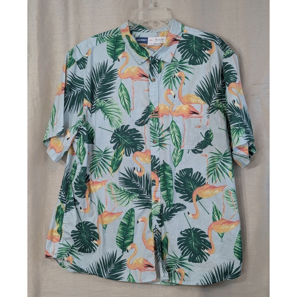Old Navy Mens Shirt 2XL Blue Green Tropical Flamingo Button Up Hawaiian Summer